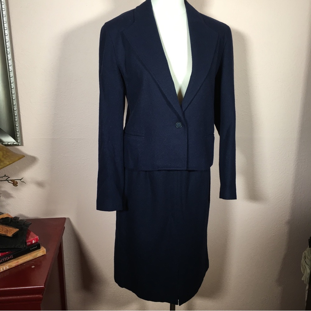 Vintage 1940 50 Retro Wool Navy Blue Skirt Suit Cropped Jacket midi Skirt